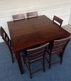 7-PC LARGE, BROWN FINISH, HIGH TOP FORMAL DINING SET (TABLE WITH LEAF AND 6 PADDED CHAIRS)