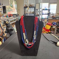 Patriotic Multi-Strand (5) Red, White & Blue Metal Chains W/White Faux Pearls 18" Plus 2" Of Extra Chain