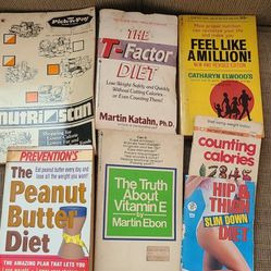 Diet books: T-F, Factor, Vitamin E, Pick N Pay, Hip & Thigh, Counting Calories, Feel Like a Million, The Peanut Butter Diet  $7