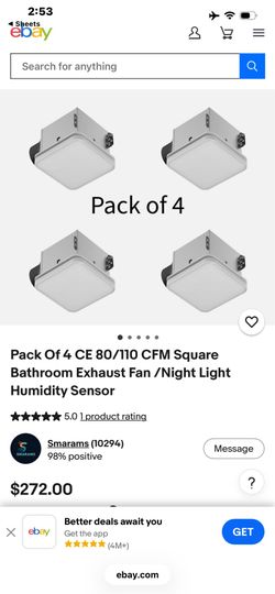 Pack Of 4 CE 80/110 CFM Square Bathroom Exhaust Fan /Night Light Humidity Sensor
