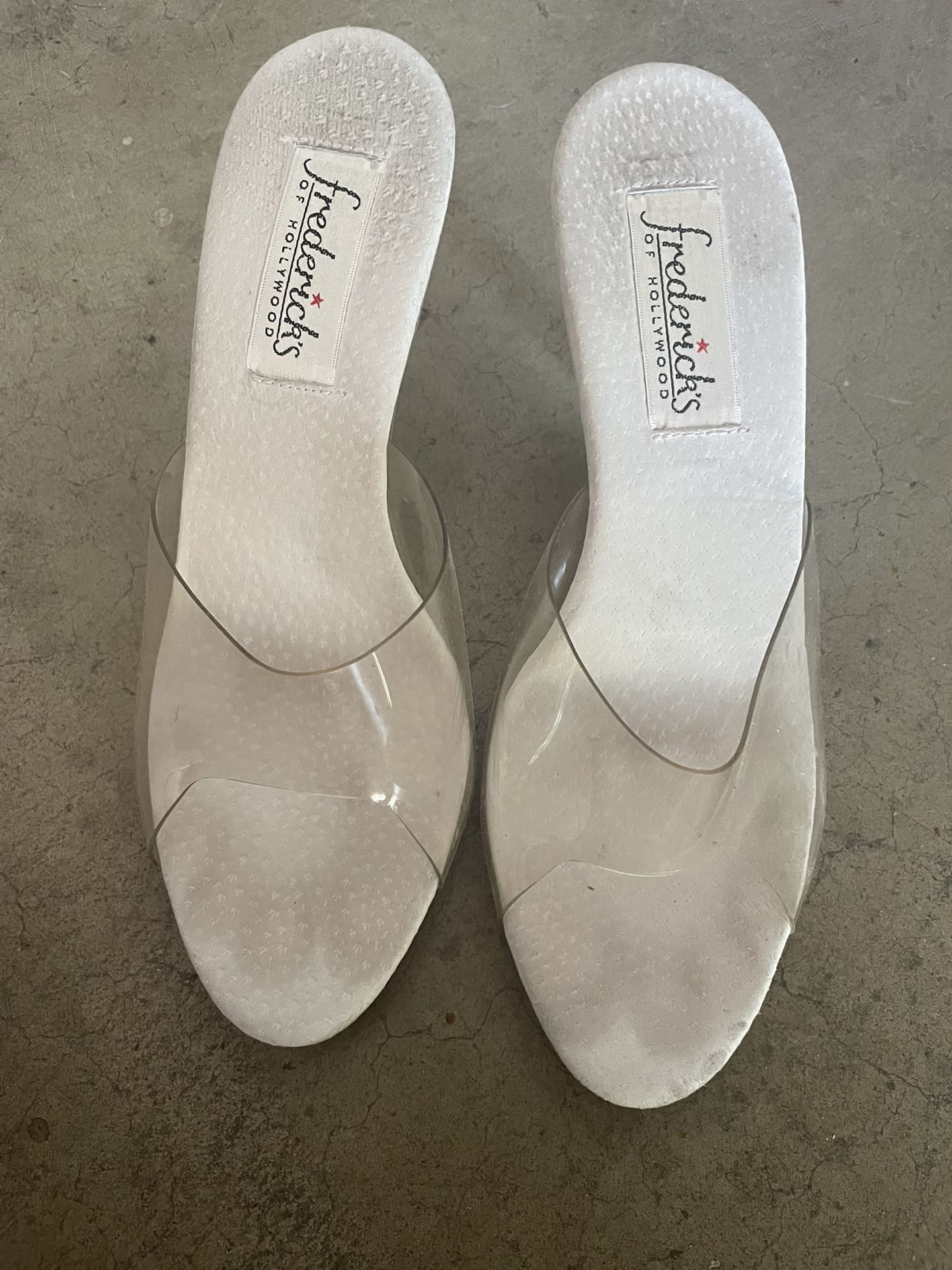Frederick’s Of Hollywood Clear PVC Peep Toe Heels, Size 7