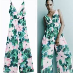 Zara NWT sleeveless pink/green floral print deep v neck jumpsuit S