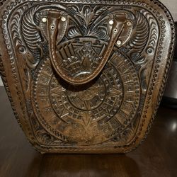 Vintage Hand Tooled Leather Bag with Aztec Calendar Design