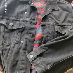 Black Denim Motorcycle Coat with Flannel Lining & Embroidery - Large