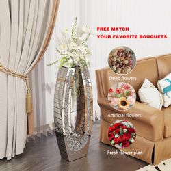 Luxury Mirrored Floor Vase for Living Room Hotel, Silver Glass Panels, Floor-Standing Tall Vases Decorative Display for Artificial Flowers, Pampas Gra