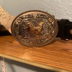 Rooster Cowboy Belt Buckle And Leather Belt