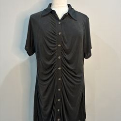 Black Ruched Button-Up Shirt Dress