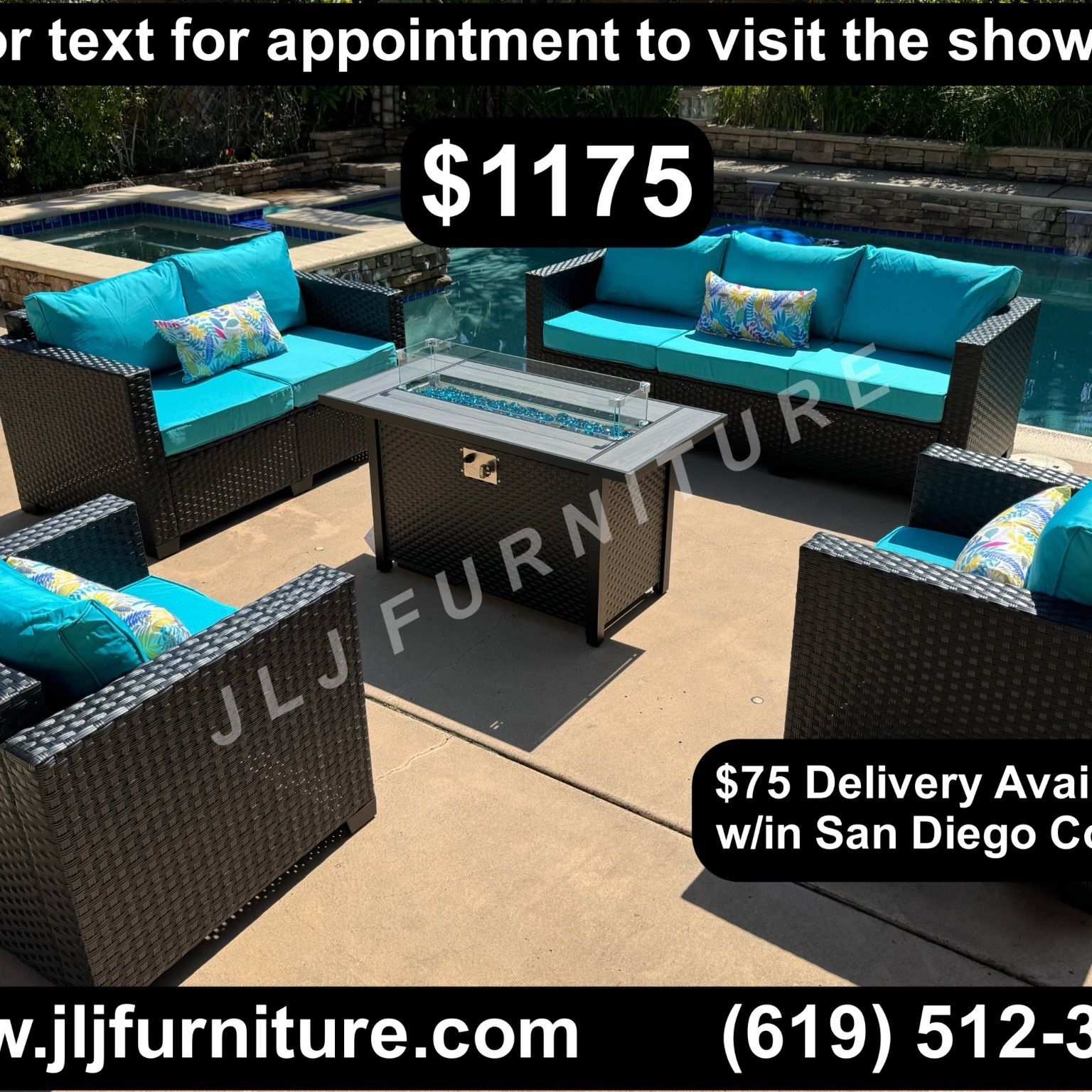 NEW🔥 Outdoor Patio Furniture Set Black Wicker Turquoise 4" Non Slip Cushions 45" Firepit ASSEMBLED