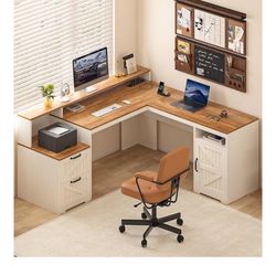 L Shaped Yomiluve  Farmhouse Desk, Antique White
