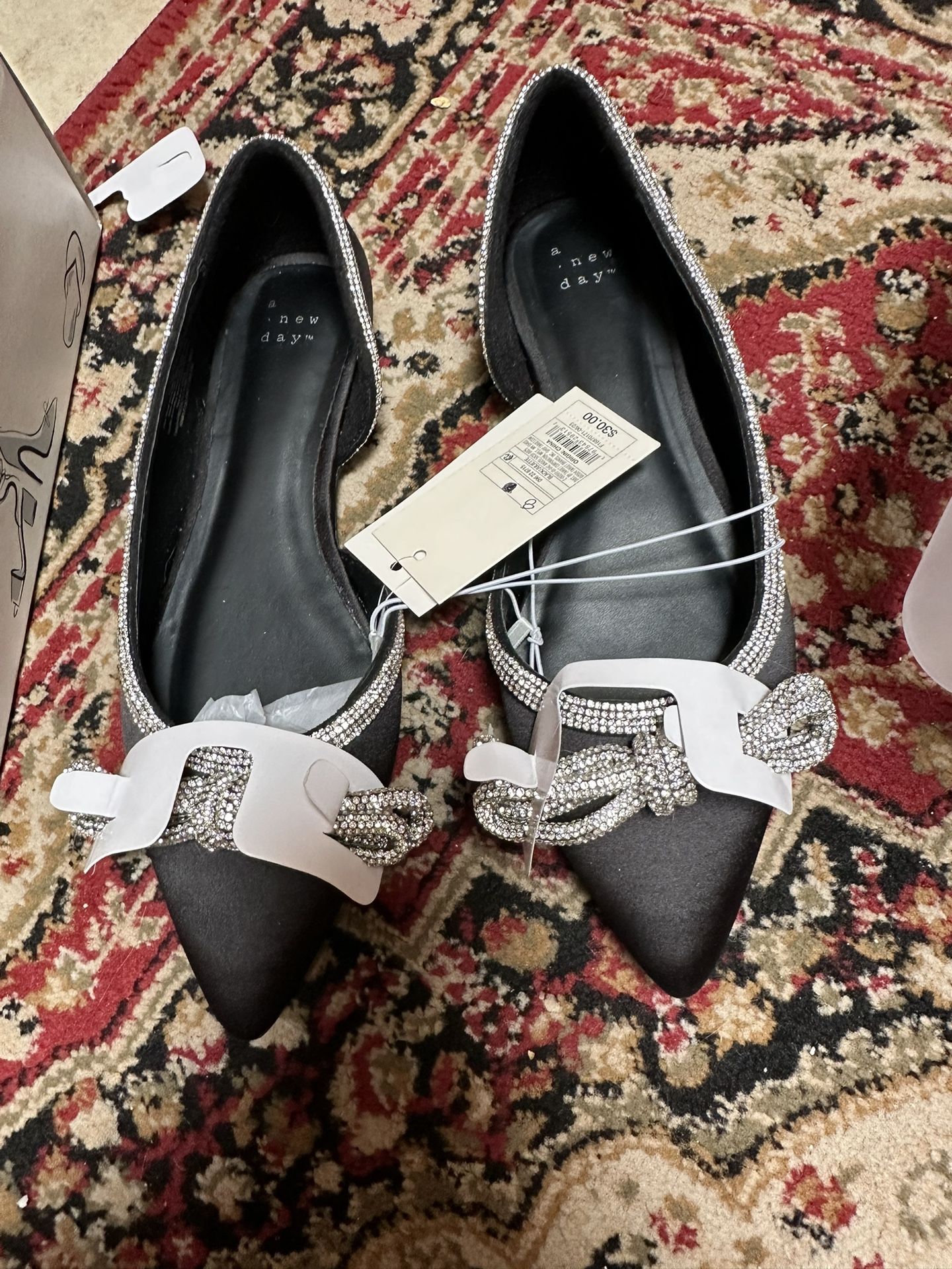 A New Day Black Flats. Rhinestone 8