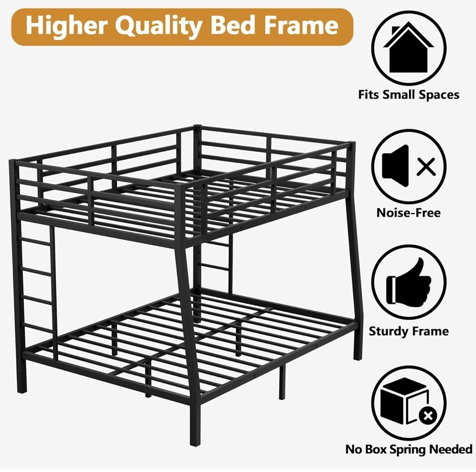 twin XL Over Queen Bunk Bed,Heavy Duty Metal Bunk Bed Frame for Adults 2 Side Ladder,Guardrail,Space-Saving,Noise Reduced,No Box Spring Needed,Black (