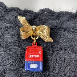 Gold Tone Bow & Dangle Mailbox Brooch 