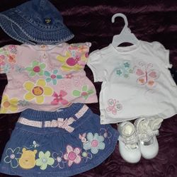 3 TO 6 MONTHS SKIRT, 6 TO 9 MONTHS TOP, 12 TO 20 MONTHS, LEFT TO RIGHT,  $36 FOR ALL