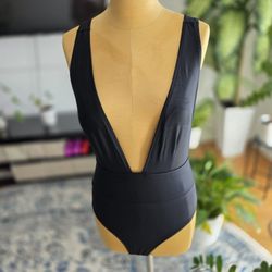 Black Deep V One-Piece Swimsuit (#0112) Minimal Chic | Size M