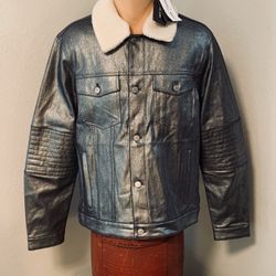 Michael Kors Metal Finish Trucker Jacket Lrg NWT Removable Faux Fur  Collarw