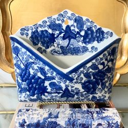Vintage 9” H x 9 3/4” W Blue and White Porcelain Wall Pocket Holder or Vase