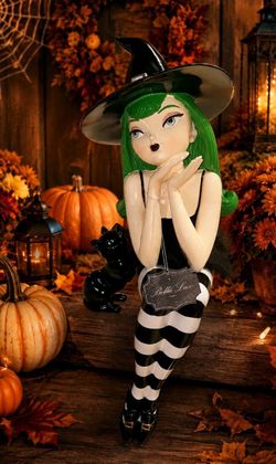 SALE Bella Lux Green Hair Black Cat Shelf Sitting Witch 24' Halloween Large Shelf Sitter Viral