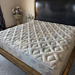 Vintage Boho Century Gilt Wood and Leather King Bedframe