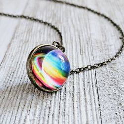 Handmade 20" Rainbow Saturn Rings Planet Glass Round Ball Pendant Chainlink Necklace. Moon, Earth. 

Pre-owned in excellent condition. No chips or cra