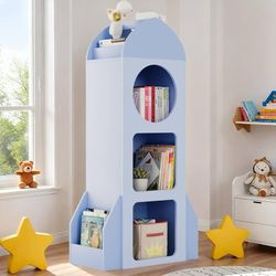 Kids Bookshelf and Toy Storage, 3-Tier Rocket Baby Cabinet with Side Shelves,