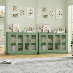 2pcs 55.1"W Modern Sideboard Buffet with Fluted Glass Doors, Accent Cabinet Console Table TV Stand, Green
