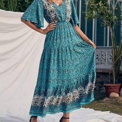 Boho Flared Sleeve Paisley Maxi Dress Size S