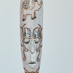 Beautiful White Wood  Hand Carved Mask From Indonesia Wall Decor For Home Office or Camper. 19x5