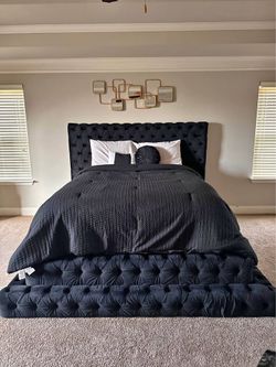 👑 Luxury Black Tufted Upholstered Platform Step Bed Frame King & Queen - Mattress | PAY AFTER DELIVERY 🚚