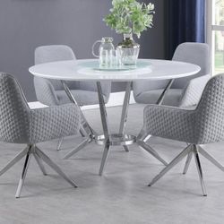 MID CENTURY MODERN GLAM 5 PIECE ROUND DINING TABLE SET WHITE HIGH GLOSS SWIVEL CHAIRS
