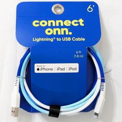 NEW Connect Onn. 6 ft. Blue & White Lightning to USB Cable