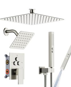 Shower Faucet Set Shower System - Brushed Nickel Push Button Diverter Dual Shower Faucet Valve Kit with Rain Ceiling Mount 10 Inch Shower Hea