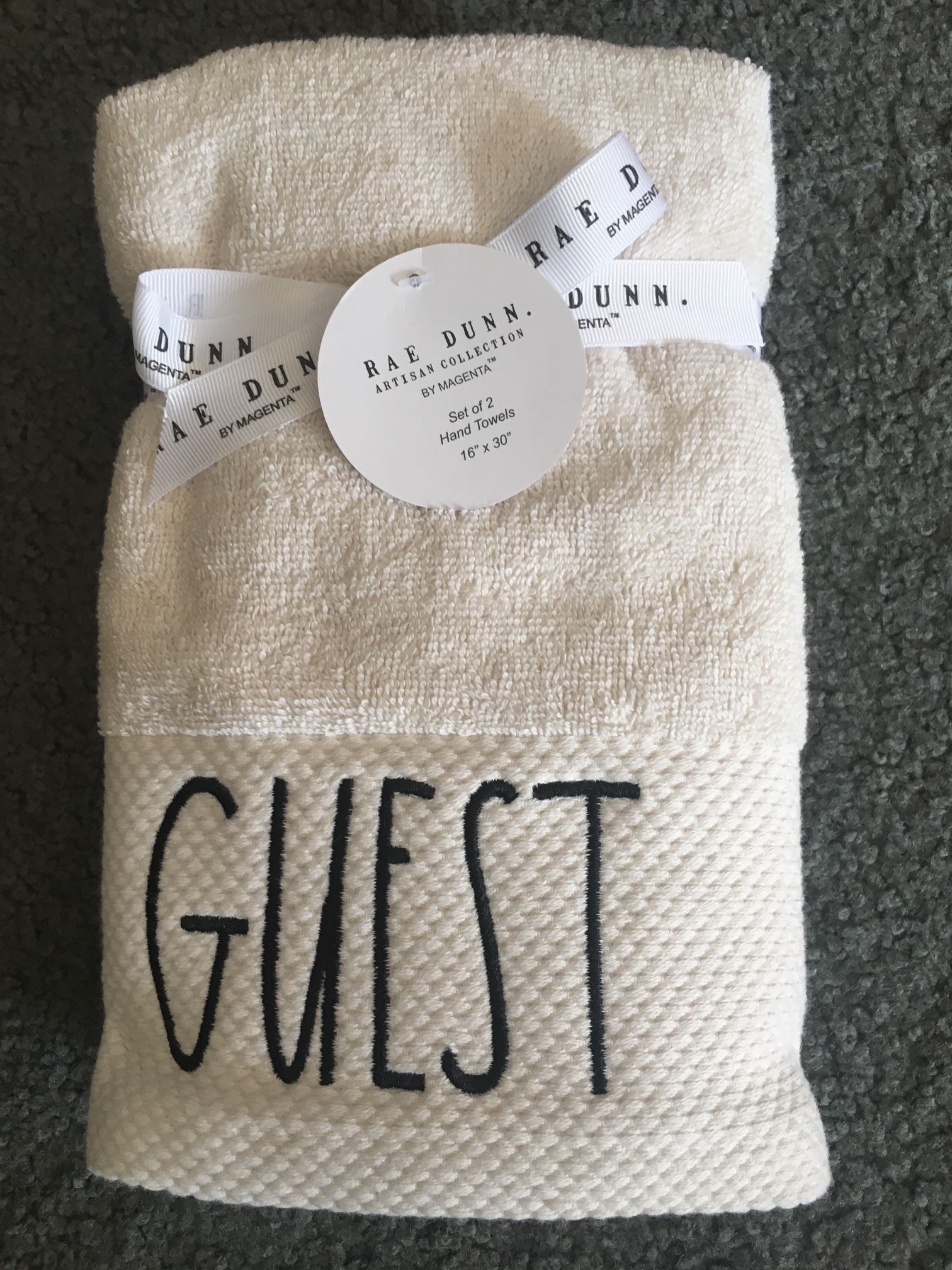NEW Rae Dunn Hand Towels “Guest” Set Of 2, Off-white