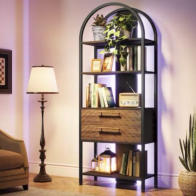 Tribesigns with LED Light Brown/Black Metal 4 -Shelf Corner Bookcase ( 27.55-in W x 70.86-in H x 11.81-in D )