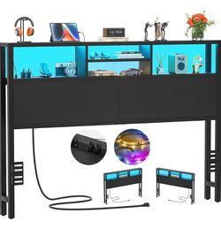 Queen Size Headboard with LED Lights and Charging Station