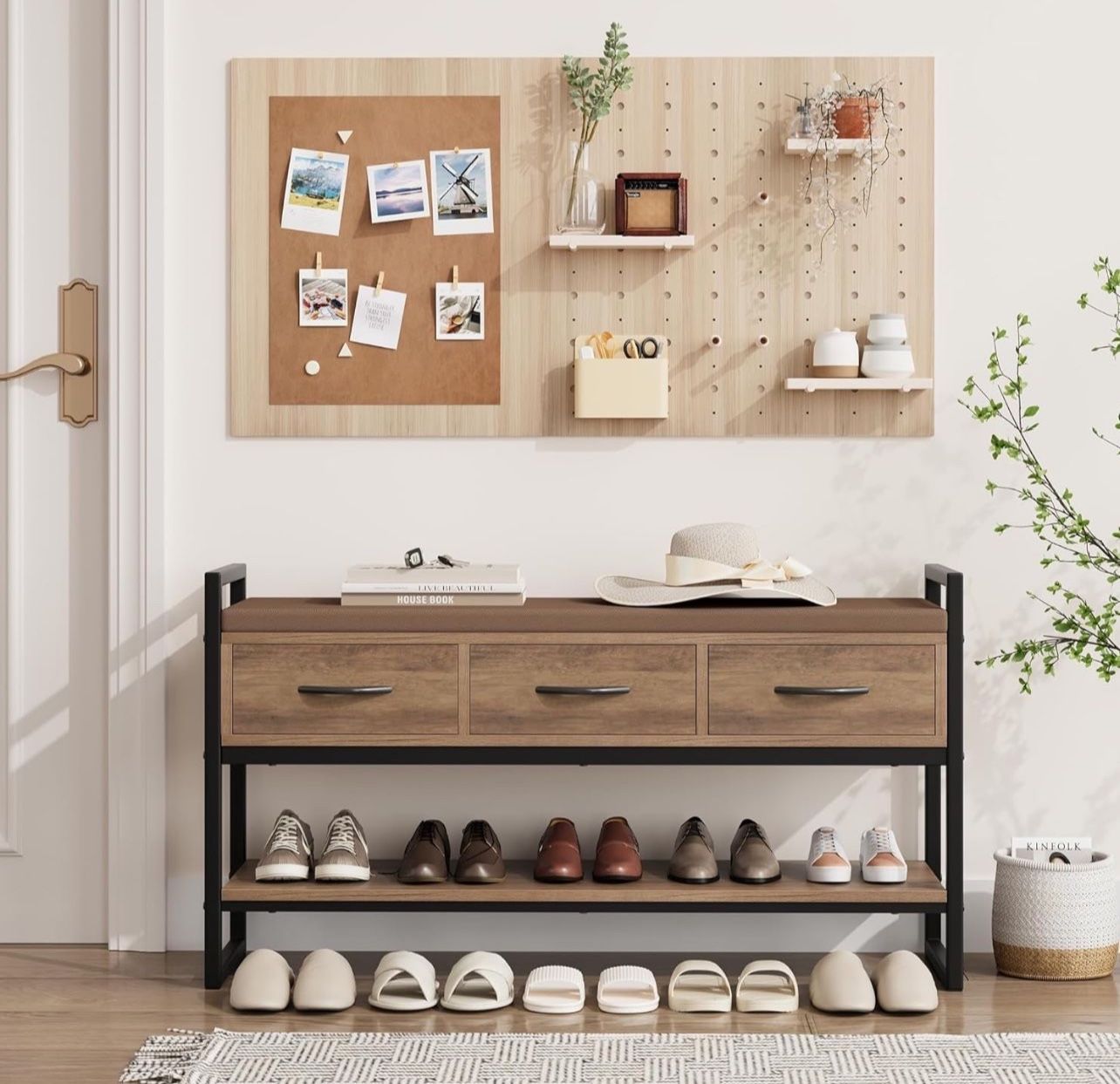 Shoe Bench, 39.4" Shoe Storage with Cushion, Industrial Rack Organizer with Fabric Drawers for Entryway, Hallway, Brown