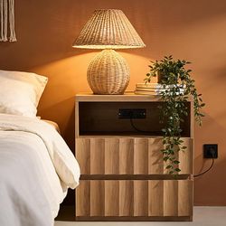 VividVibe Amber Oak Wide Fluted Nightstand with Charging Station, Side Table with Discreet Rear