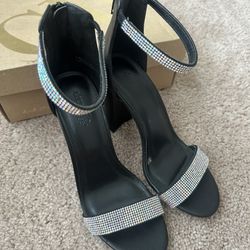 Charlotte Russe RHINESTONE Dress SANDALS Ankle STRAP, 4” Heel, Silver/Black 7M
