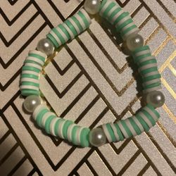 Clay Bead Bracelet Teal Ish Green And White Pearls 