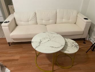 White Boucle Sofa with Cup Holders