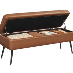 Storage Ottoman Bench, Entryway Bedroom Bench, 15 Gallons, Synthetic Leather with Stitching, Mid-Century Modern, Safety Hinges, Loads 660 