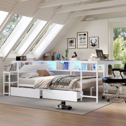Varda Queen Size Corner bed with Drawers, LED Bookcases and USB Charging Station