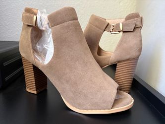 Taupe Suede Peep-Toe Block Heel Booties