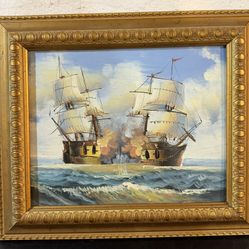 Framed Nautical Painting – Historic Sailing Ships Battle Scene
