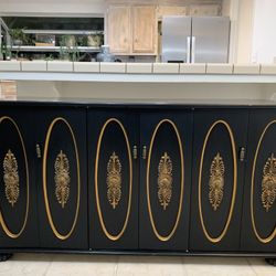 Vintage Mid Century Black Wooden Liquor Or Regular Cabinet With Storage Shelves 