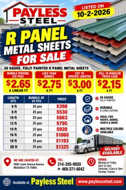 New R panel metal sheets , 26 gauge,  fully painted from $2.15 a linear ft