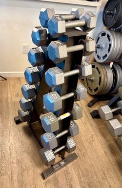 Hex Cast Iron Dumbbells in NEW Condition pairs from 10s to 40s. Total: 350 lbs [NO RACK INCLUDED]