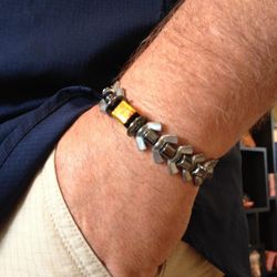 Men’s 7.5” Bracelet, Dichroic Glass & Wing Nut ‘Mad-Max Inspired’ Steampunk