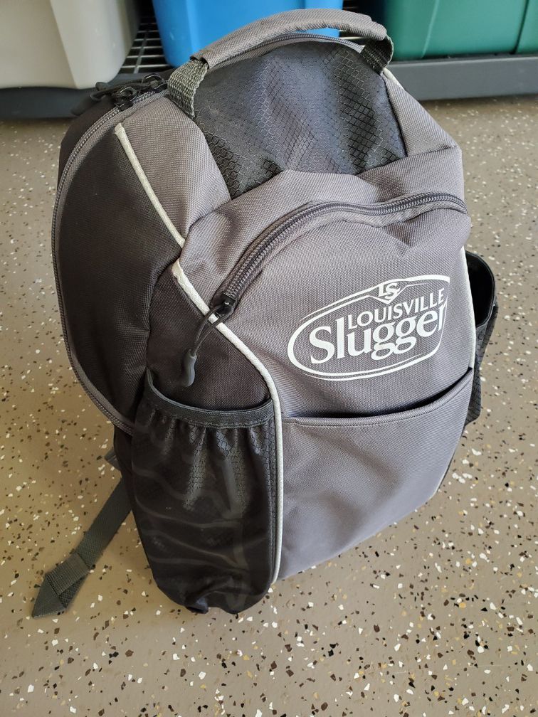 T-ball or baseball backpack, glove, and helmet. $30 for all. Louisville Slugger backpack that holds helmet, bat, etc.