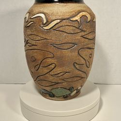 2001 Vintage Native American Studio Art Pottery SALMON Ceramic Vase Signed 9"