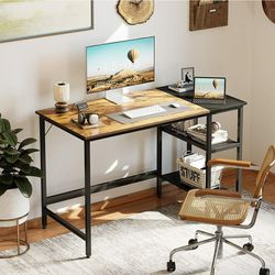 63 Inch Small Desk Study Writing Table with Storage Shelves, Modern Simple PC Desk with Splice Board, Brown Black Finish Thumbnail
